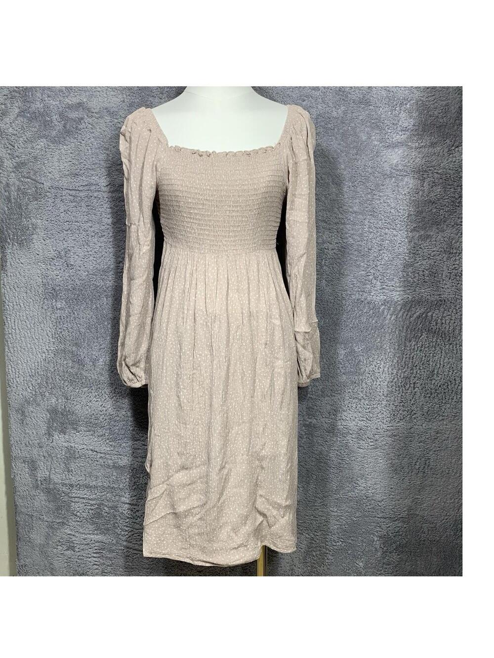 NLT Smocked Midi Dress WomensMedium Tan Polka Dot Square Neck Long Sleeve ND7263